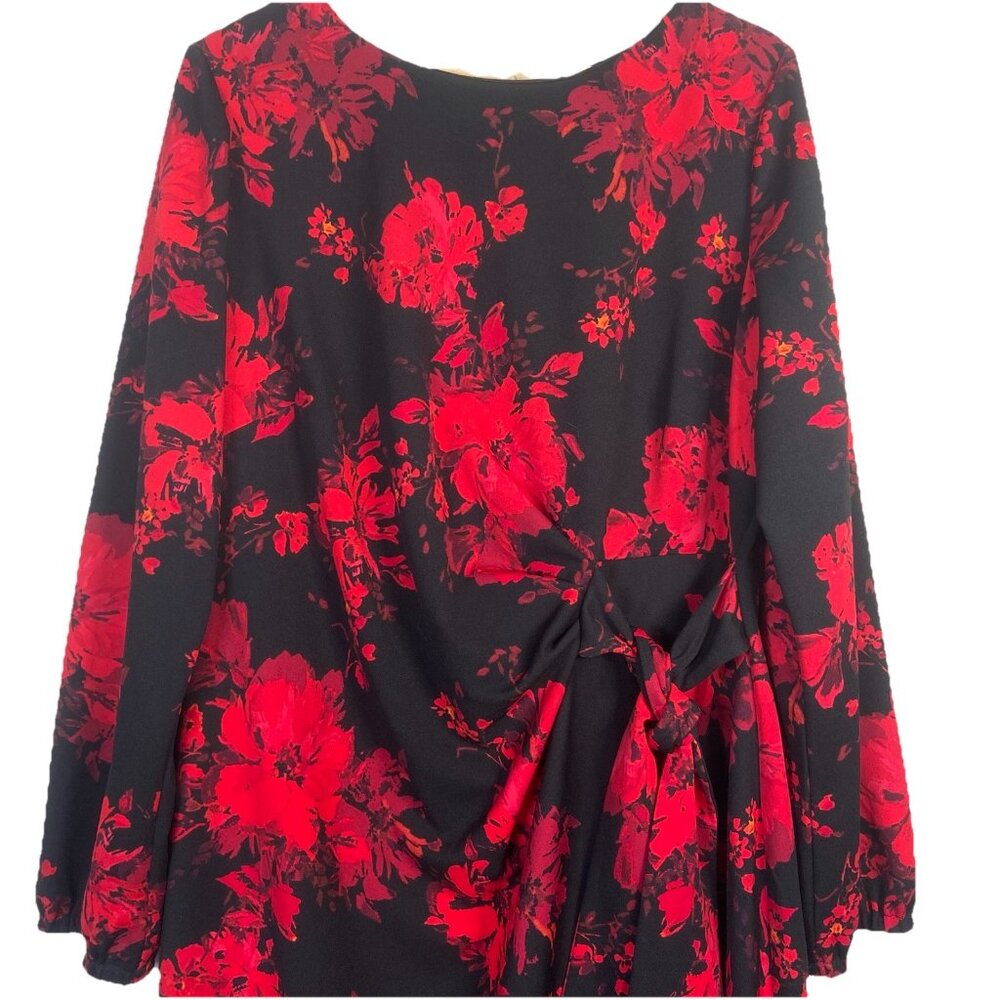 Adorne Dress Women's 16 W Red Black Floral Side Tie Ruffle Party Holiday Wedding - Picture 3 of 12